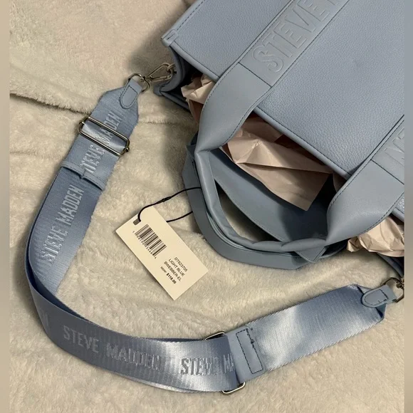 NWT Steve Madden BWEBBER-EL Light Blue Soft Faux Leather Tote w/Adjustable Strap - Picture 15 of 15